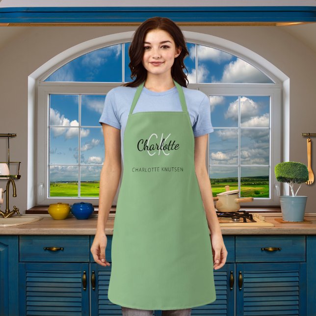 Sage green monogram name business  apron (Creator Uploaded)