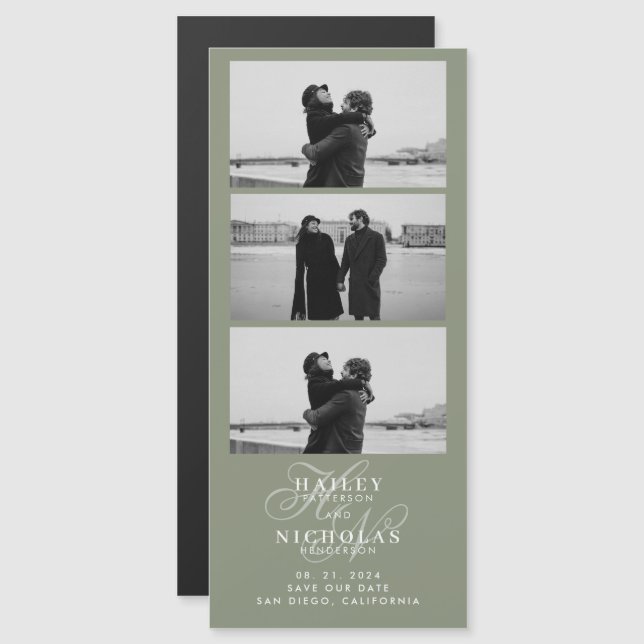 Sage Green Monogram Photo Strip Magnetic Wedding (Front/Back)