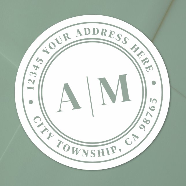 Sage Green Monogram Return Address Classic Round Sticker (Sage Green Monogram Return Address Classic Round Sticker)