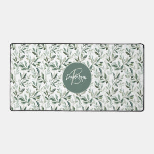 Sage Green Monogram Rustic Olive Pattern Desk Mat