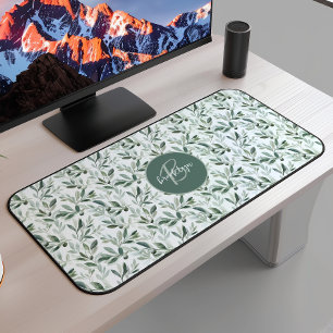 Sage Green Monogram Rustic Olive Pattern Desk Mat