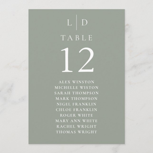 Sage Green Monogram Table Number Seating Chart (Front)