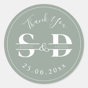 Sage Green Monogram Thank You Wedding Favours Classic Round Sticker