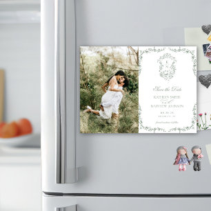 Sage Green Monogram Vintage Crest Save The Date Magnetic Invitation