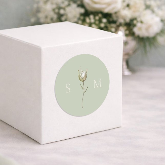 Sage Green Monogram Wedding Classic Round Sticker (Creator Uploaded)