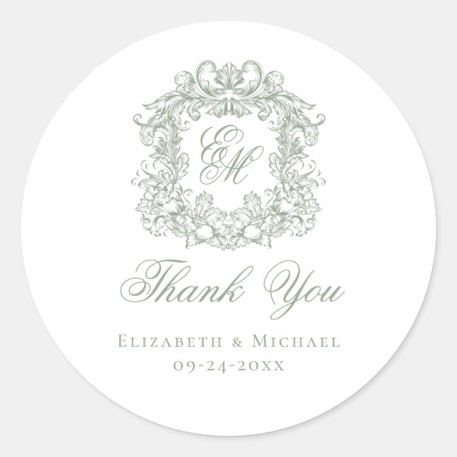 Sage Green Monogram Wedding Crest Thank You Classic Round Sticker (Front)