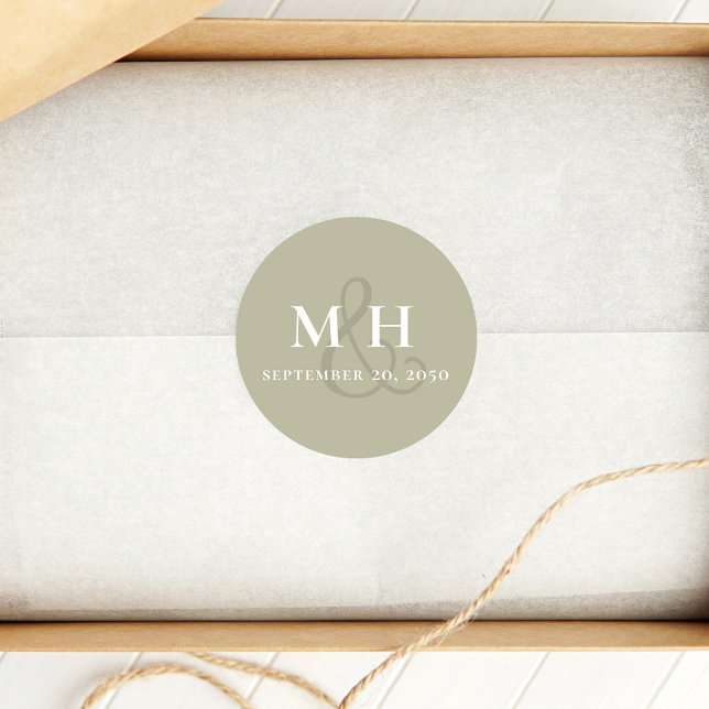 Sage Green Monogram Wedding Custom Classic Round Sticker (Sage green monogram ampersand sticker. )