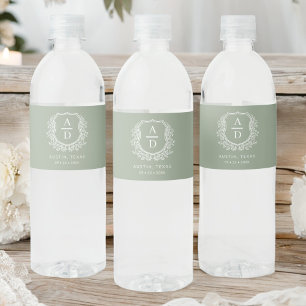 Sage Green Monogram Wedding Floral Crest Water Bottle Label