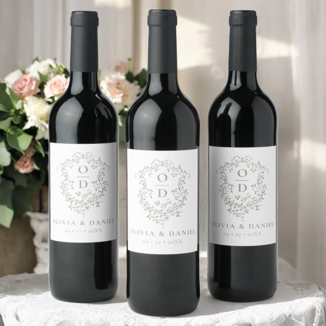 Sage Green Monogram Wedding Floral Crest Wine Label (Creator Uploaded)