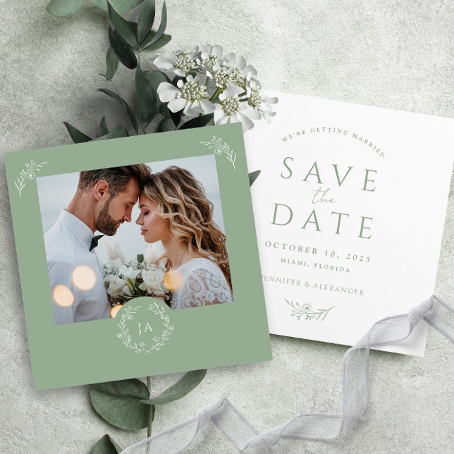 Sage Green Monogram Wedding Save The Date Card (Creator Uploaded)