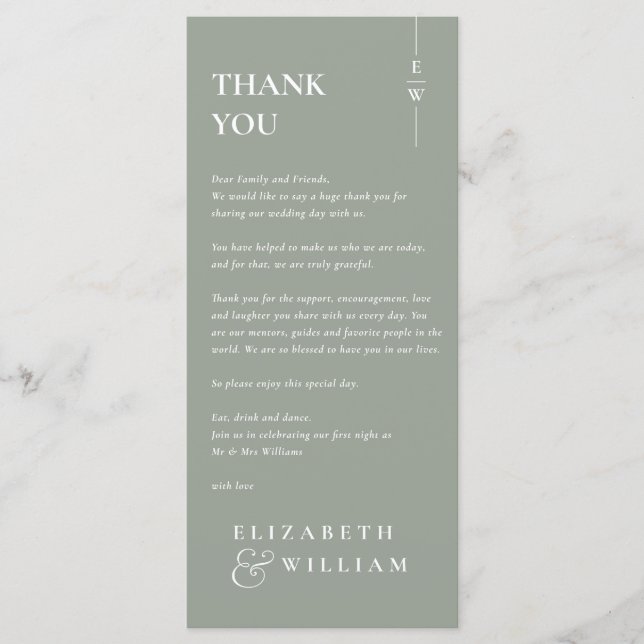 Sage Green Monogram Wedding Thank You Place Card (Front)