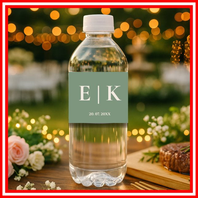 Sage Green Monogram Wedding Water Bottle Label (Creator Uploaded)