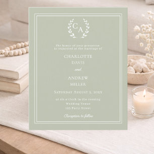Sage green monogram wreath wedding invitation
