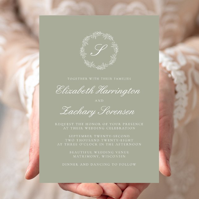 Sage Green Monogram Wreath White Script Wedding Invitation (Creator Uploaded)