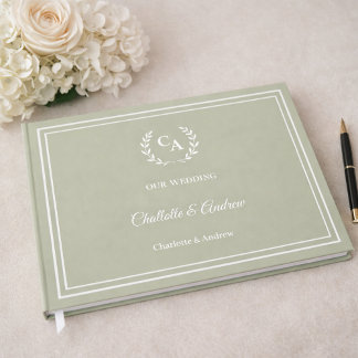 Sage green monogrammed wreath wedding guest book