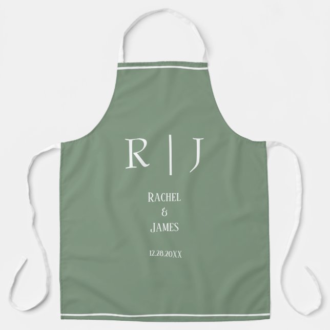 Sage Green Monograms Simple Elegant Modern Wedding Apron (Front)