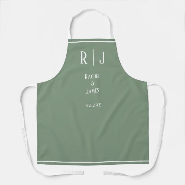 Sage Green Monograms Simple Elegant Trendy Wedding Apron (Front)