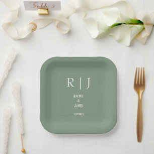 Sage Green Monograms Trendy Elegant Modern Wedding Paper Plate