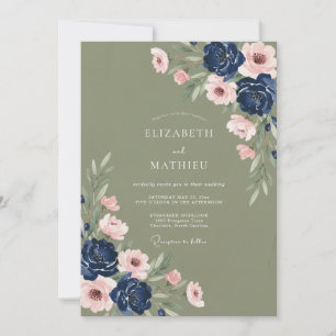 Sage Green Moody Navy Botanical Wedding Invitation