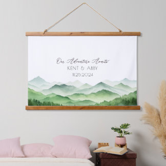 Sage Green Mountain Watercolor Wedding Guest Book Hanging Tapestry