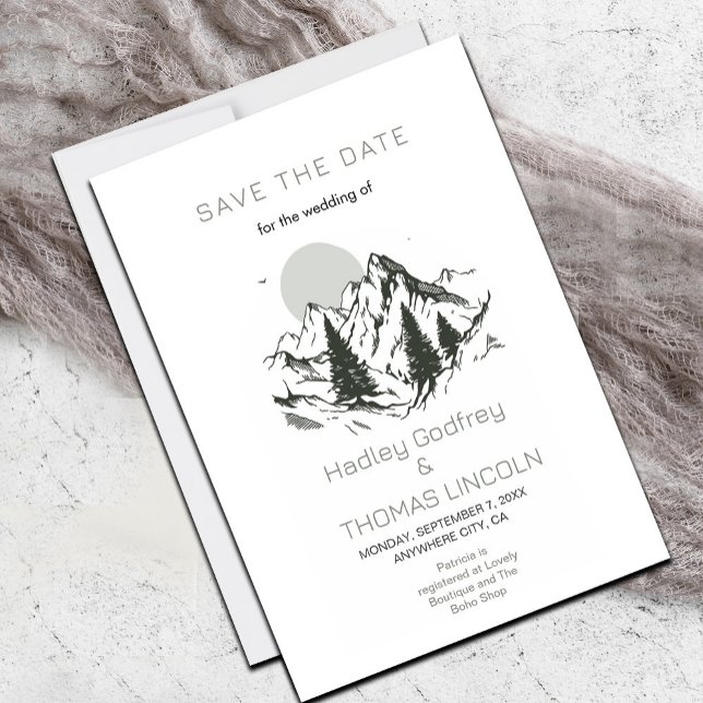 Sage Green Mountains Save The Date Invitation (Simple Sage Green and White Save the Date #savethedate #classysummerwatercolor #rustic #nature)