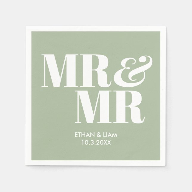 Sage Green Mr & Mr Personalised Wedding Napkins (Front)