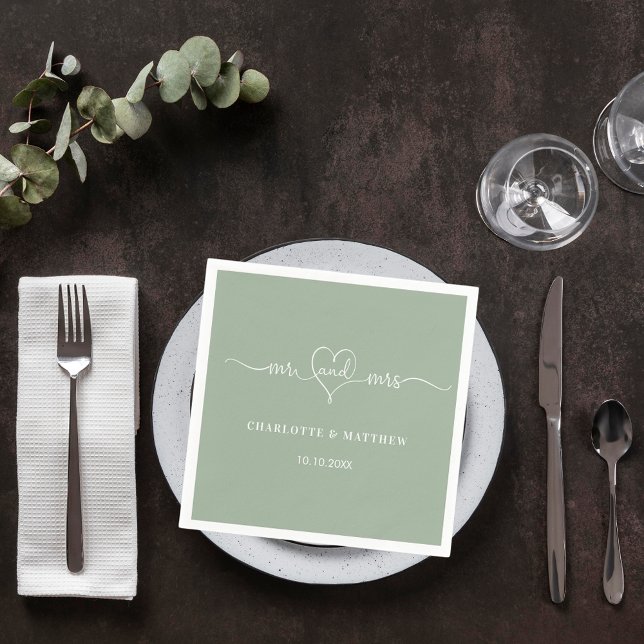 Sage green mr mrs heart script simple wedding napkin (Creator Uploaded)