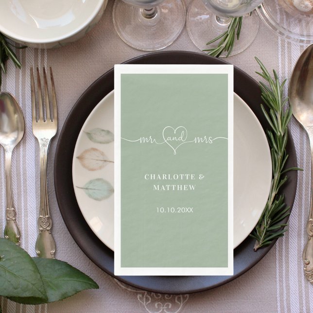 Sage green mr mrs heart script simple wedding napkin (Creator Uploaded)