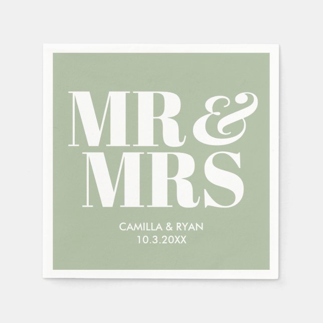 Sage Green Mr & Mrs Personalised Wedding Napkins (Front)