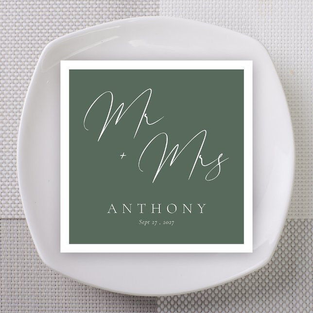 Sage Green Mr & Mrs Script Wedding Napkin (Elegant Mr & Mrs Sage Green & White Script Wedding Napkins)
