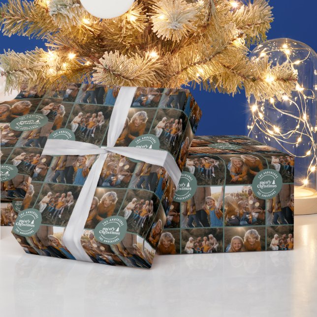 Sage green multi photo Christmas modern minimal Wrapping Paper (Holidays)