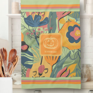 Sage Green Mustard Fall Floral Pumpkin Tea Towel
