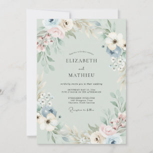 Sage Green Muted Anemone Wedding Invitation