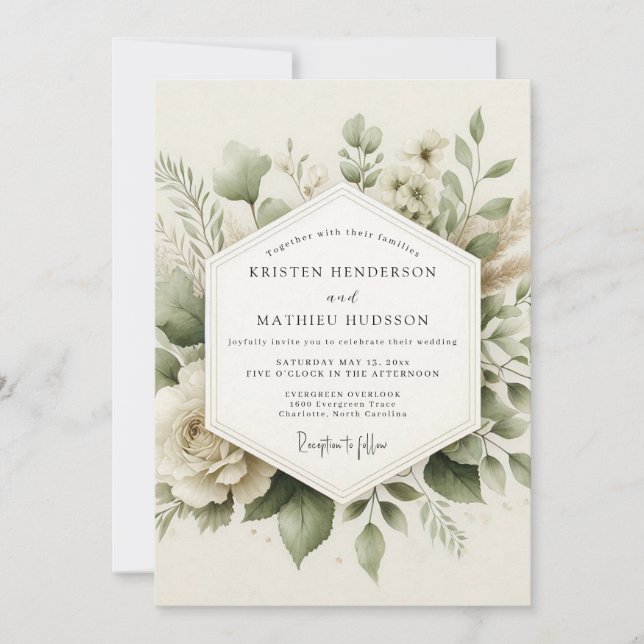 Sage Green Muted Botanical Wedding Invitation (Front)