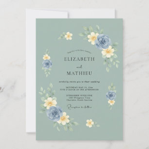 Sage Green Muted Watercolor Rose Wedding Invitation
