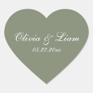 Sage Green Name Date Elegant Wedding Heart Sticker