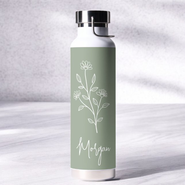 Sage Green Name Floral Bachelorette Bridal  Water Bottle (Creator Uploaded)