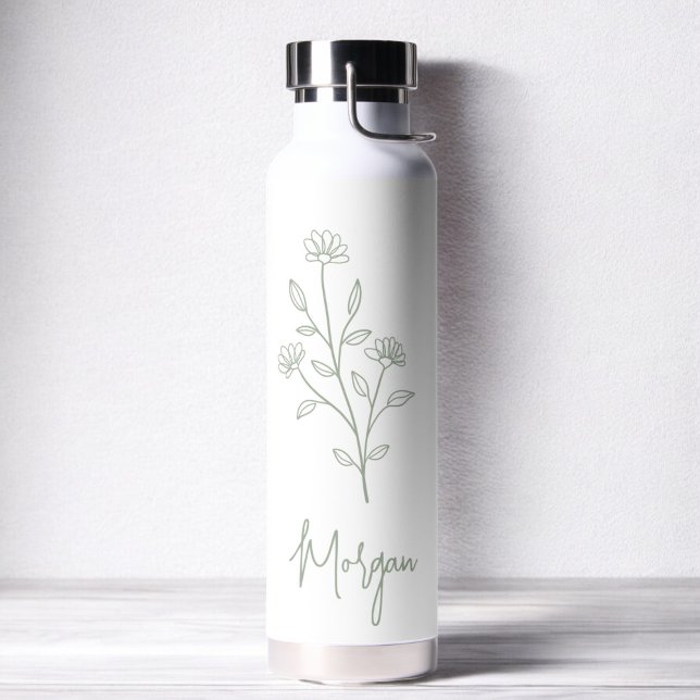 Sage Green Name Floral Bachelorette Bridal  Water Bottle (Creator Uploaded)