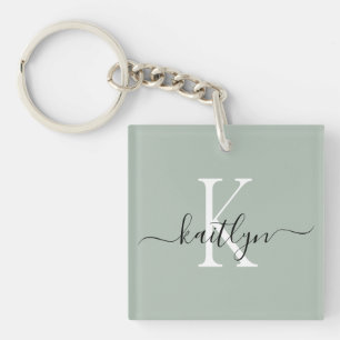 Sage Green Name Initial Monogram Key Ring