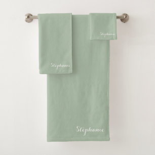 Sage Green Name Modern Elegant Monogram Boho Bath Towel Set