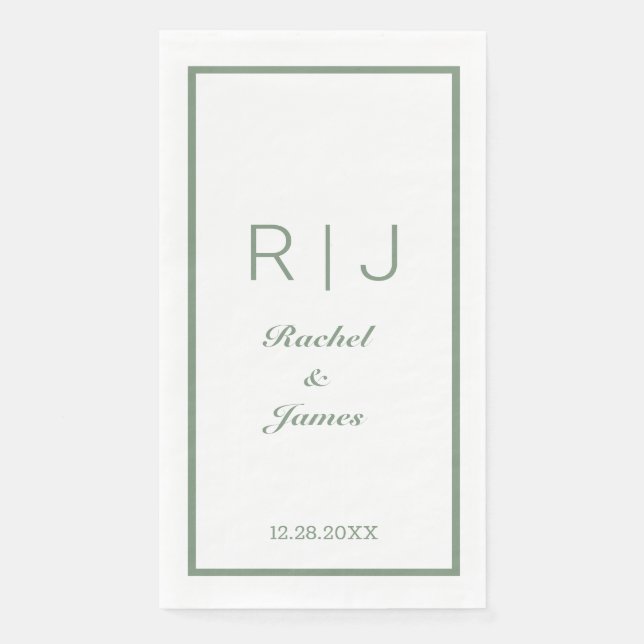 Sage Green Name Monogram Elegant Minimal Wedding Napkin (Front)