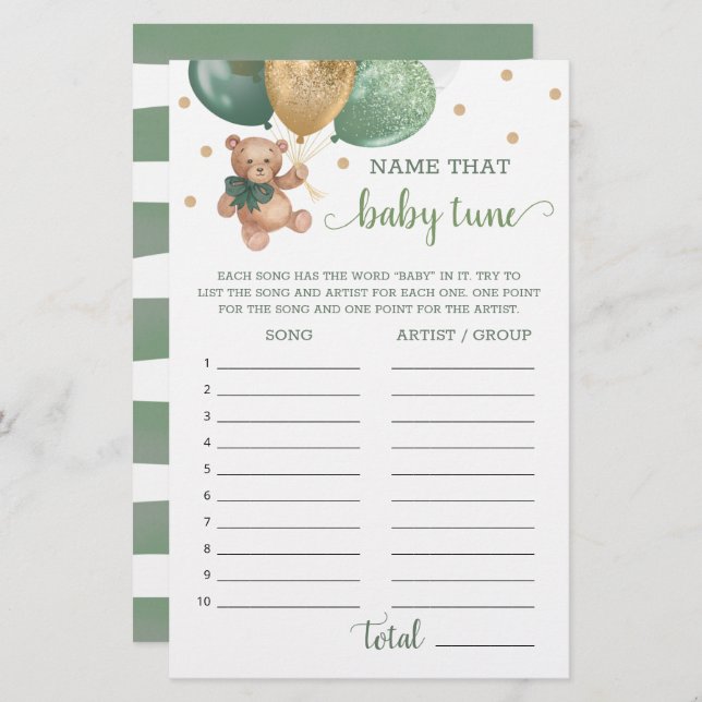 Sage Green Name That Baby Tune Game Teddy Bear  (Front/Back)