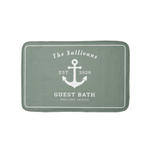 Sage Green Nautical Anchor Custom Family Name Bath Mat