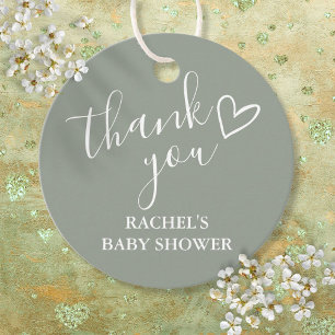 Sage Green Neutral Baby Shower Script Thank You Favour Tags