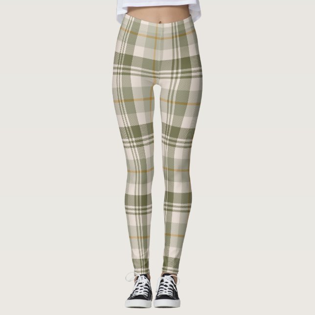 Sage Green Neutral Plaid Pattern Leggings (Front)