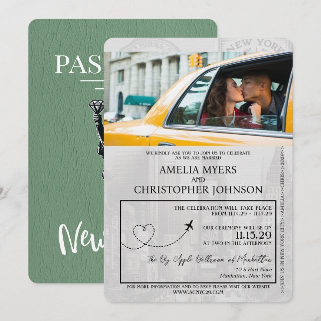 Sage Green New York City Passport Wedding Invitation (Front/Back)