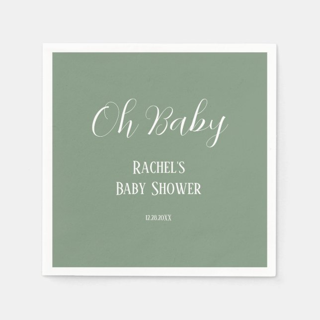 Sage Green Oh Baby Script Cute Modern Baby Shower Napkin (Front)