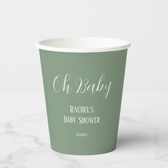 Sage Green Oh Baby Script Cute Modern Baby Shower Paper Cups (Front)