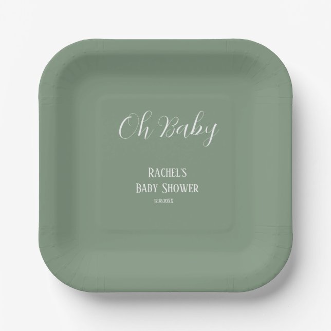 Sage Green Oh Baby Script Cute Modern Baby Shower Paper Plate (Front)