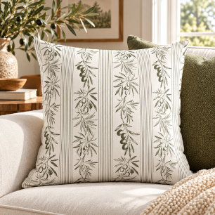 Sage Green Olive Branch Botanical Stripe Pattern Cushion